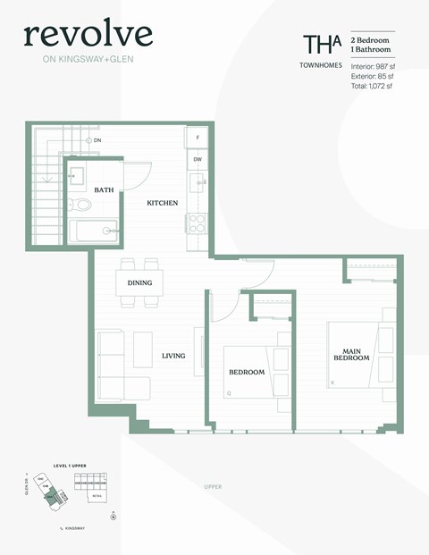 A floor plan for a two bedroom, one bathroom townhouse.
